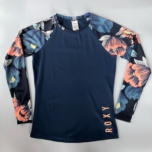 Roxy Floral Long Sleeve Rash Guard Navy Blue Surf Swim Top